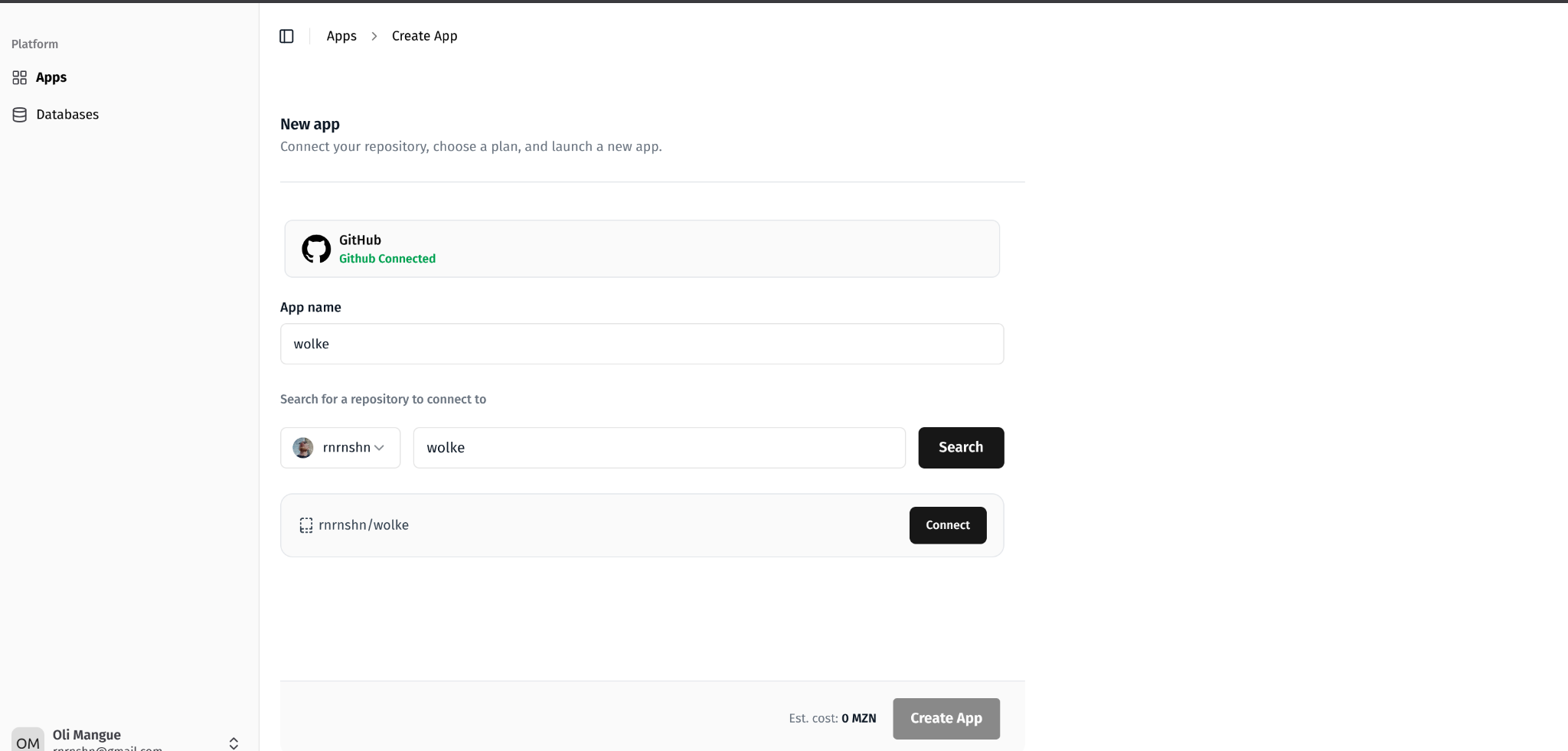 Página Deploy your app com o botão GitHub Connected a verde