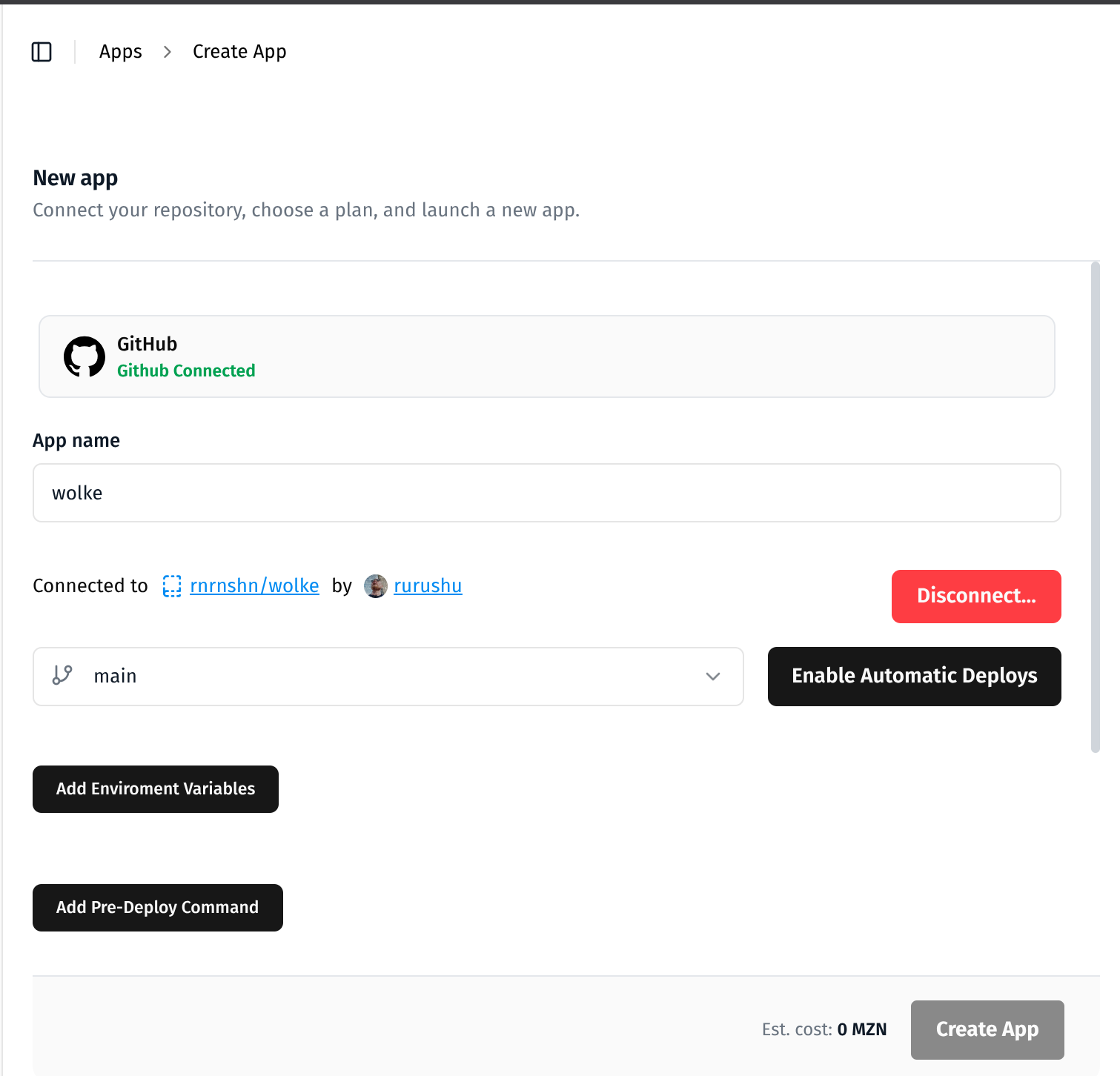Formulário com repositório rnrnshn/wolke listado e botão Connect visível