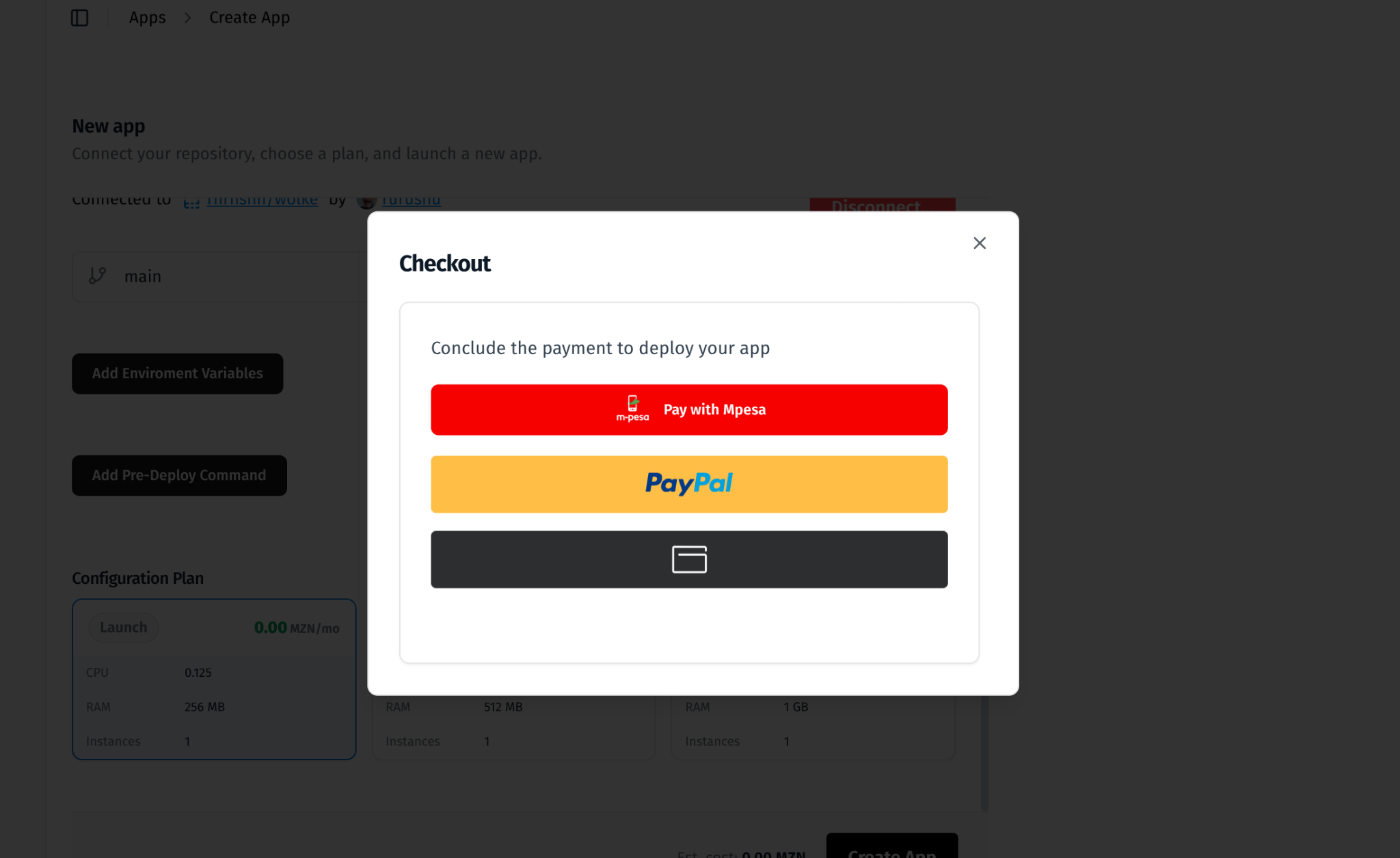 Modal de Checkout com botões Pay with Mpesa e PayPal